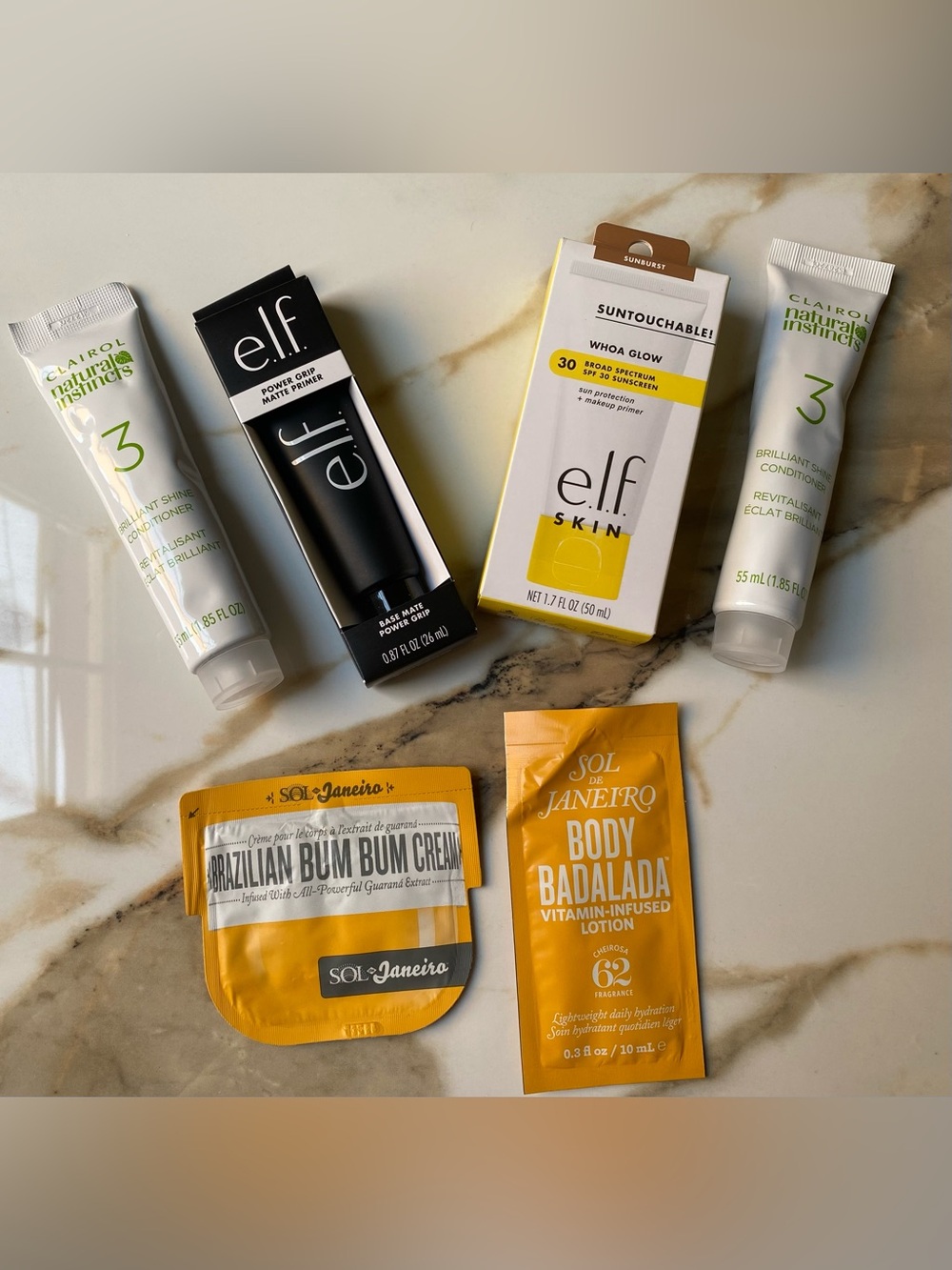 ELF Power Grip Matte Primer, ELF Skin Whoa Glow SPF 30 & 2 Sol De Janeiro Sample